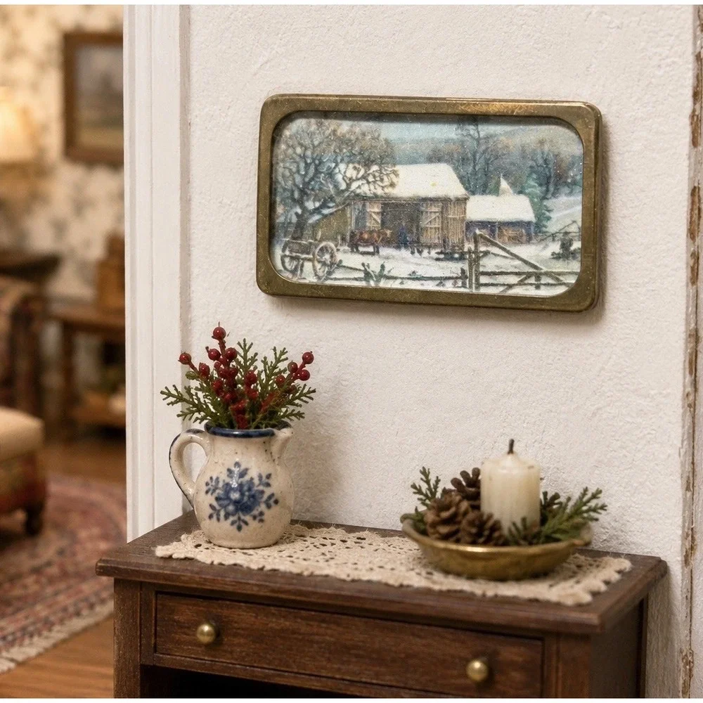 Vintage 1:12 Dollhouse Miniature Winter Farmstead Art Brass Glass Frame Handmade